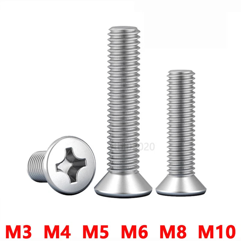 M4 M5 M6 M8 Countersunk Phillips Machine Screws – 304 Stainless Steel, Fully Threaded (Lengths Include Head)