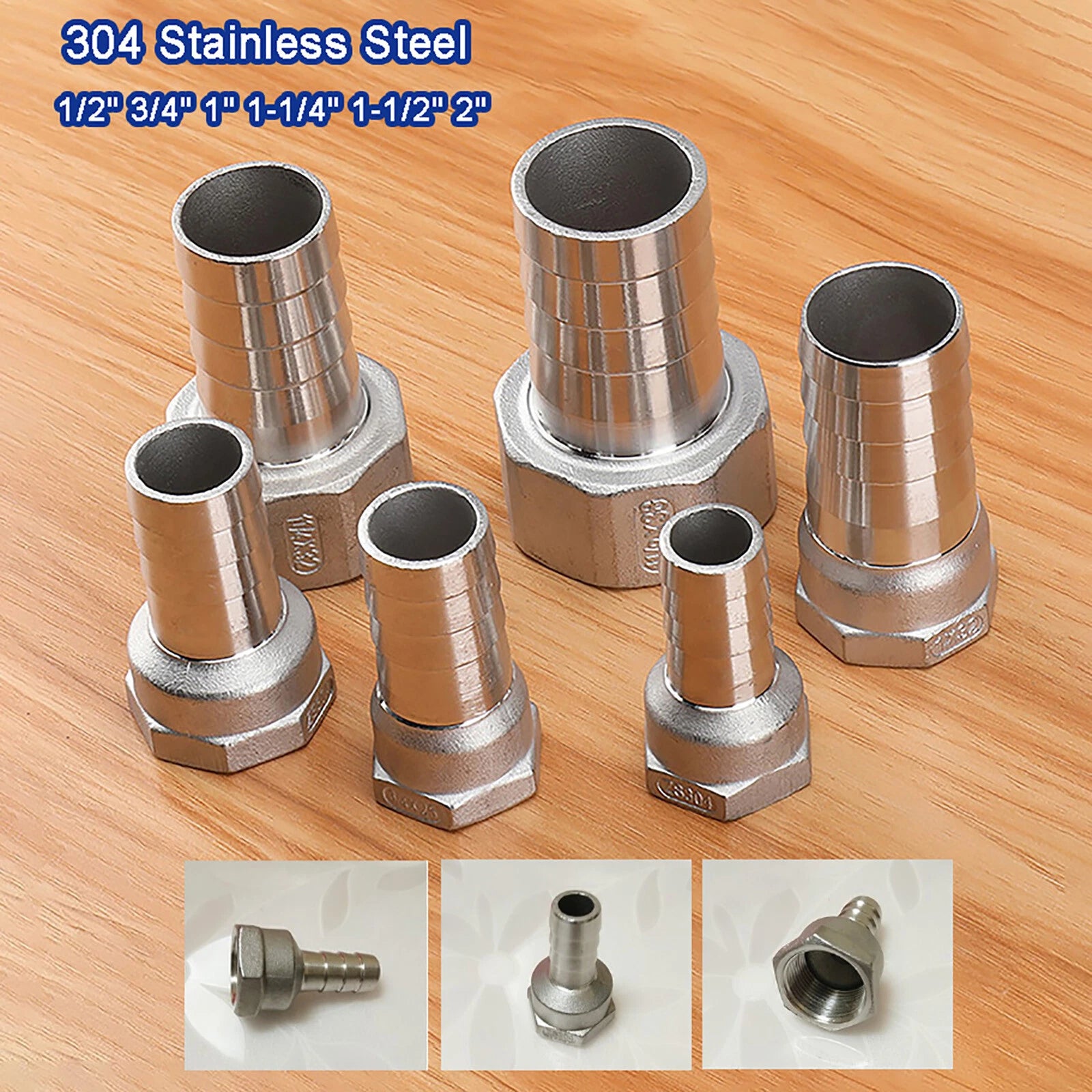 Stainless Steel Female BSP Hose Tail Barbed Connector — 1/2" to 2" Pipe Thread