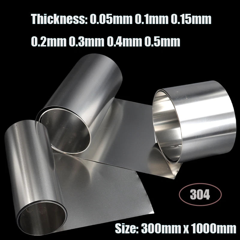 304 Stainless Steel Shim Sheet Foil Strip — 0.05 to 0.5mm Thick, 300×1000mm Metal Band Roll