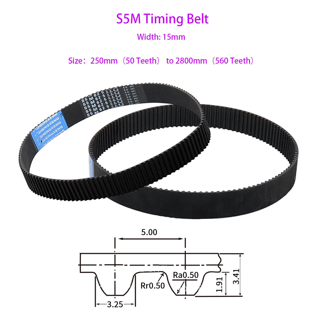 S5M Timing Belt 15mm Wide – 250mm to 2800mm | 5mm Pitch Closed Loop Drive Belt for CNC & Stepper Motors
