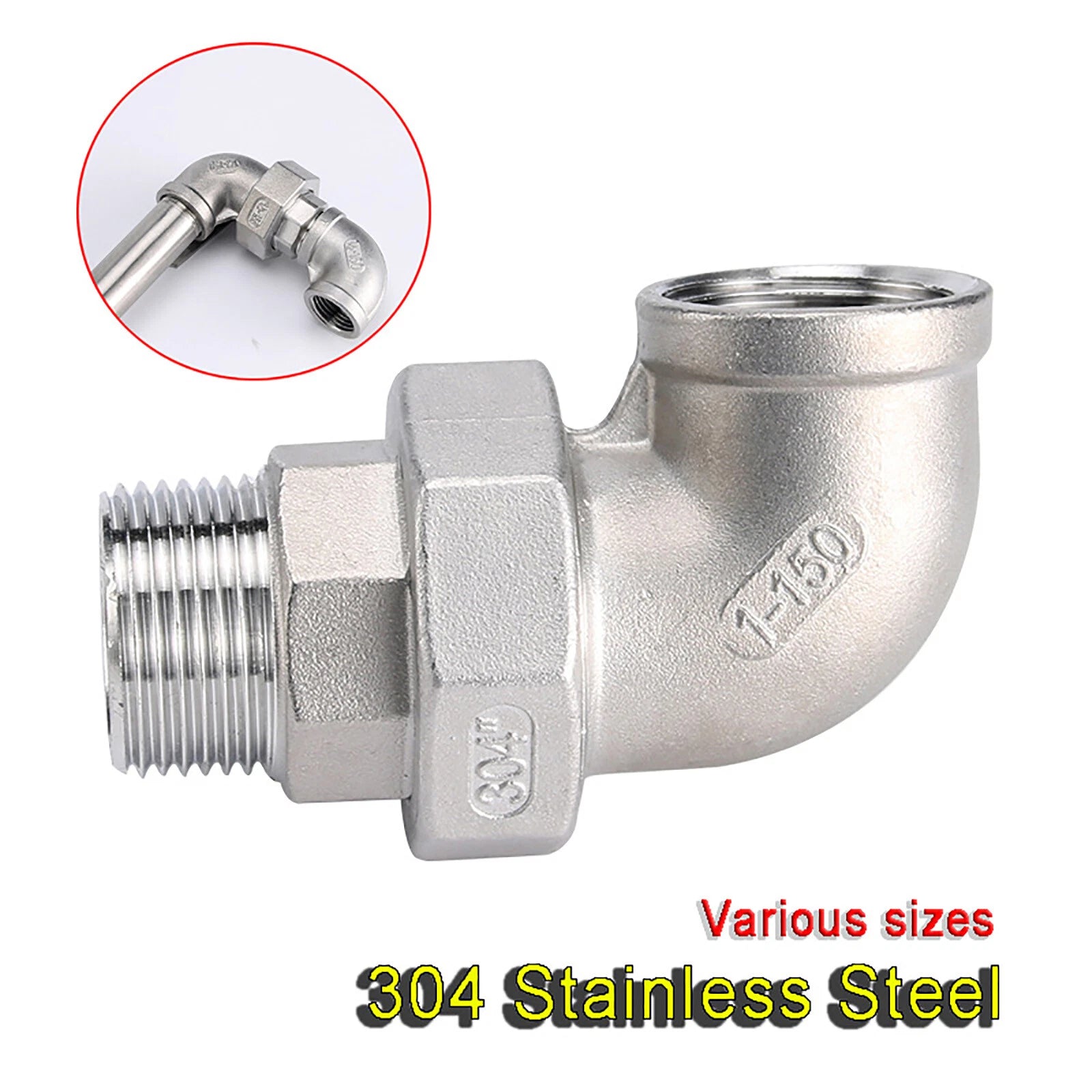 BSP 304 Stainless Steel Female Male Elbow Union Pipe Fitting — DN8 to DN50