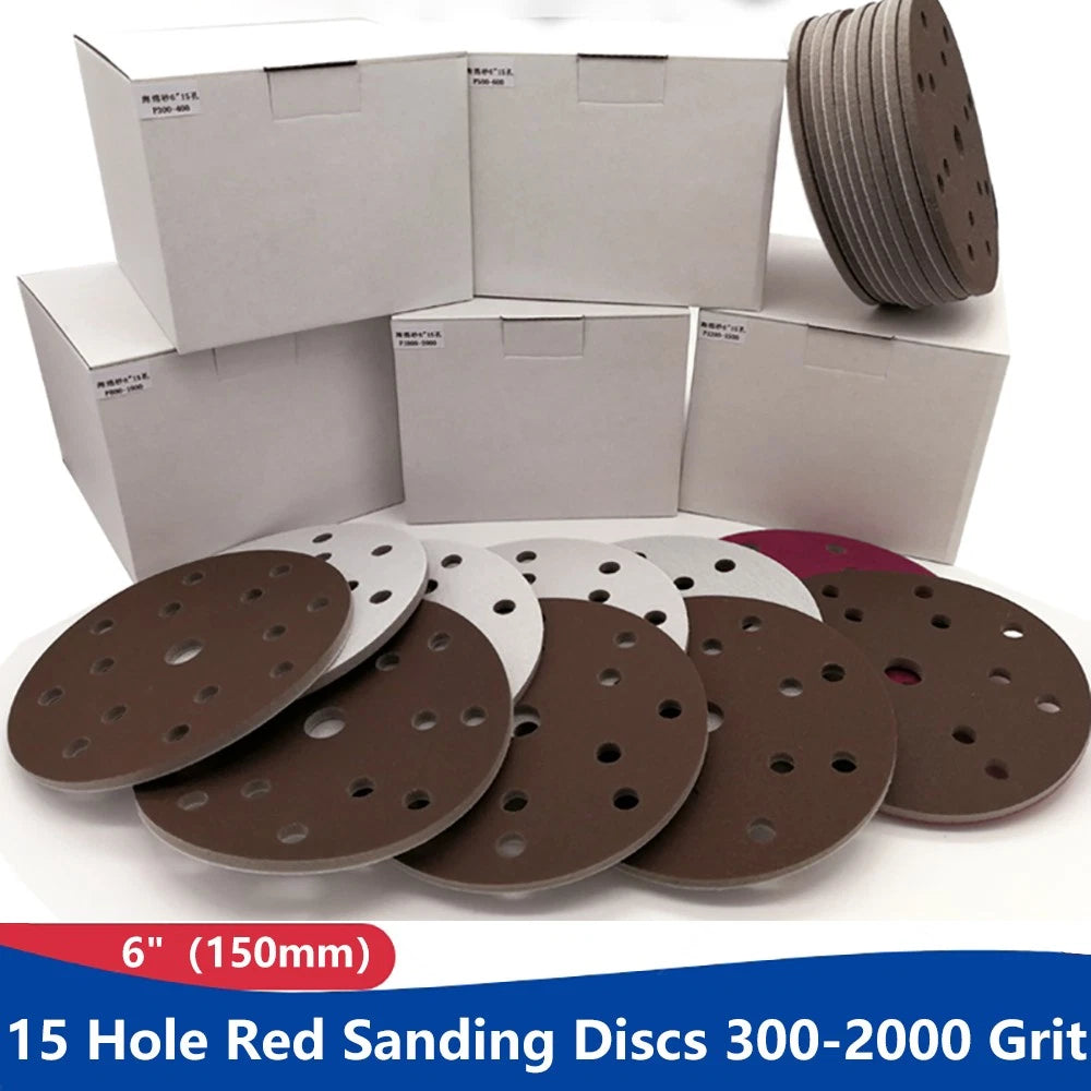 6"（150mm）Hook & Loop Sponge Sandpaper 15 Hole Red Sanding Discs 300 - 2000 Grit