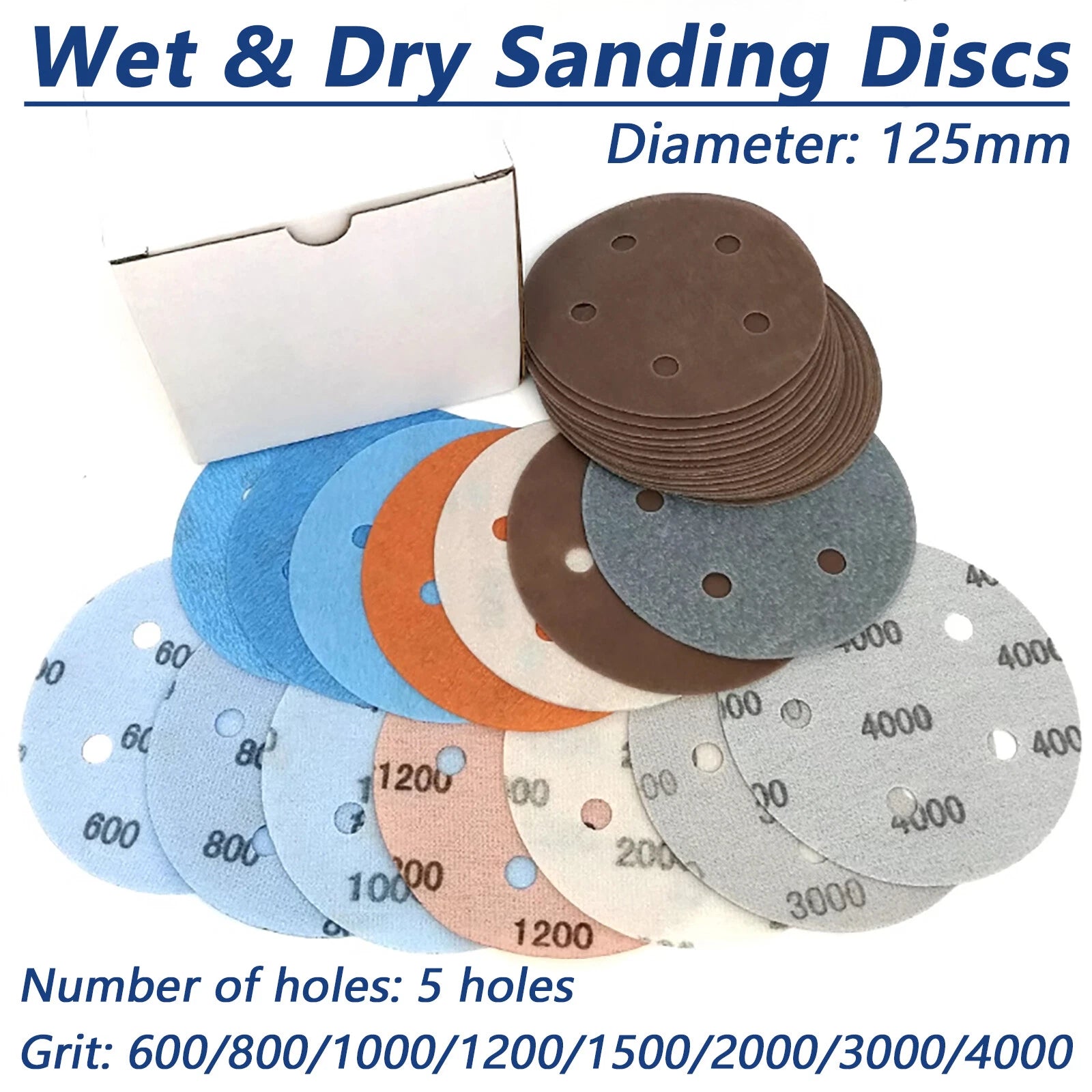 5 Inch 125mm Wet and Dry Sanding Discs Sandpaper Film Pads 600-4000 Grit 5 Hole