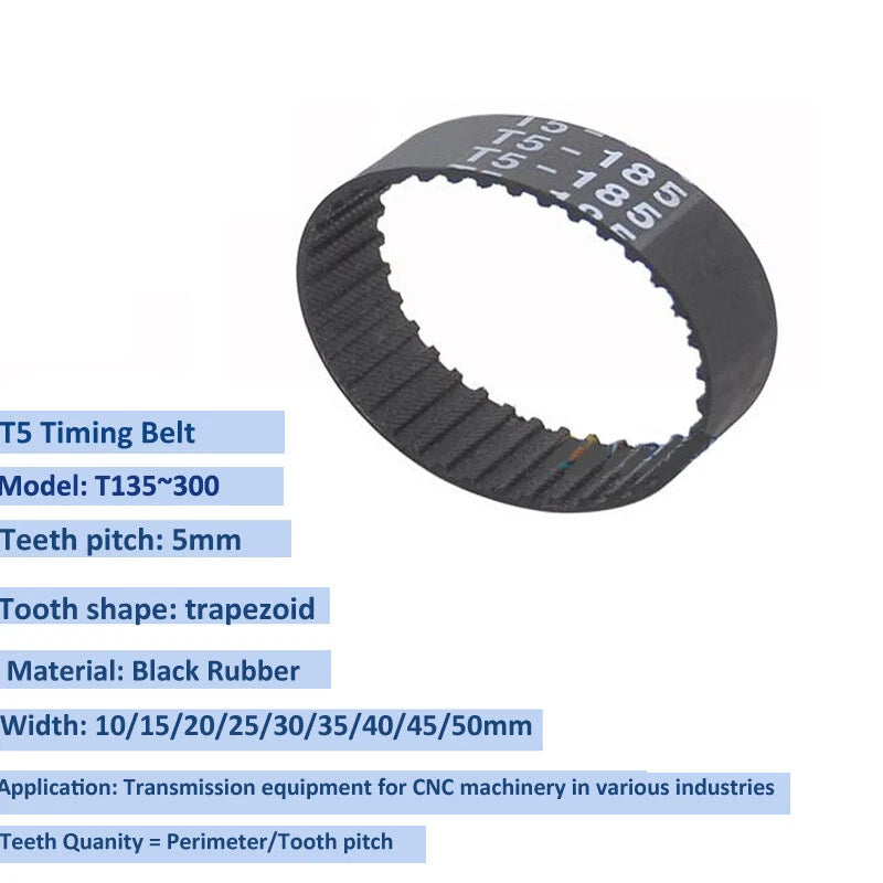 T5 Timing Belt – 5mm Pitch Closed Loop Drive Belt for CNC, 3D Printer & Stepper Motor (135mm–300mm)
