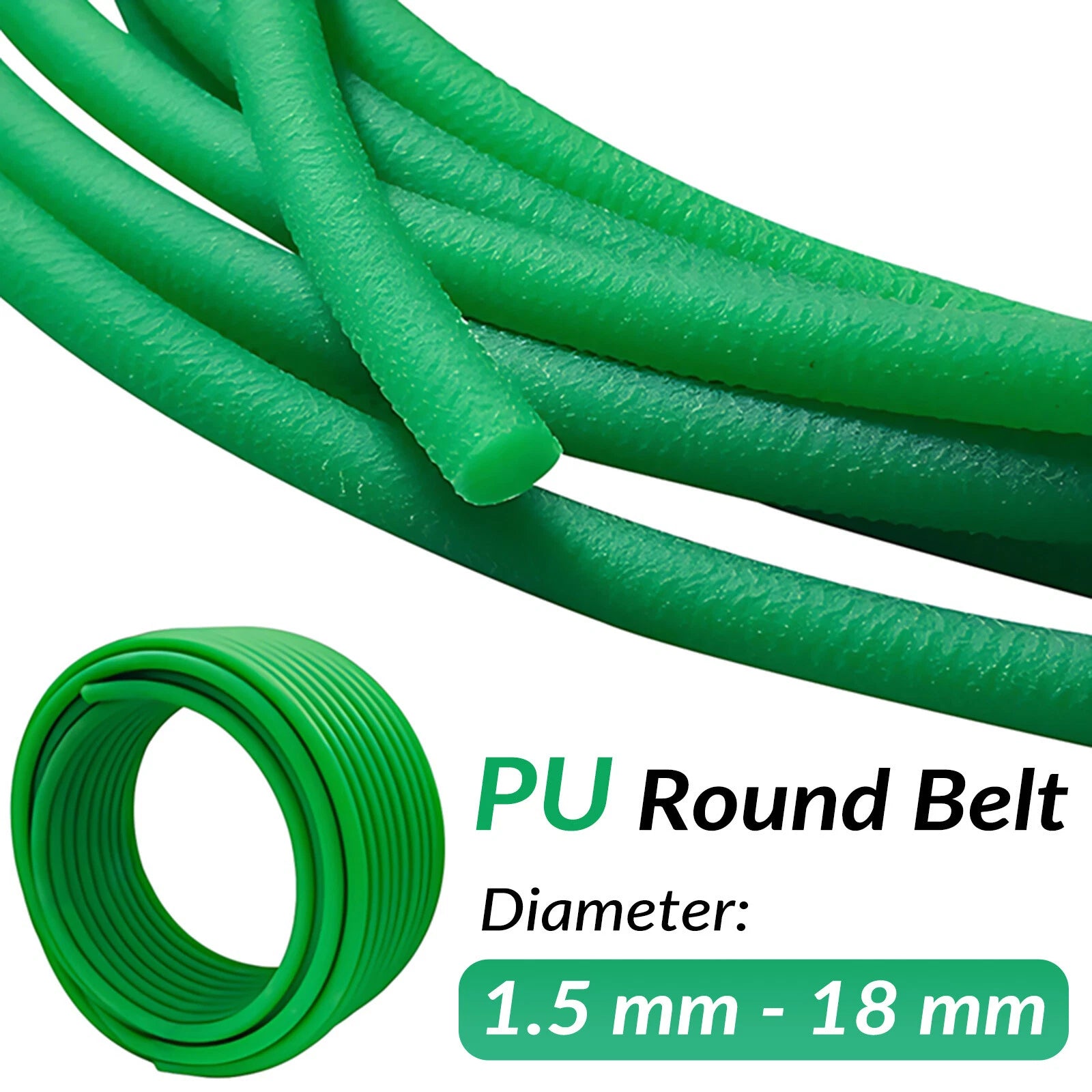 Round Urethane Drive Belt – Green Rough Surface, 1.5mm to 18mm Diameter