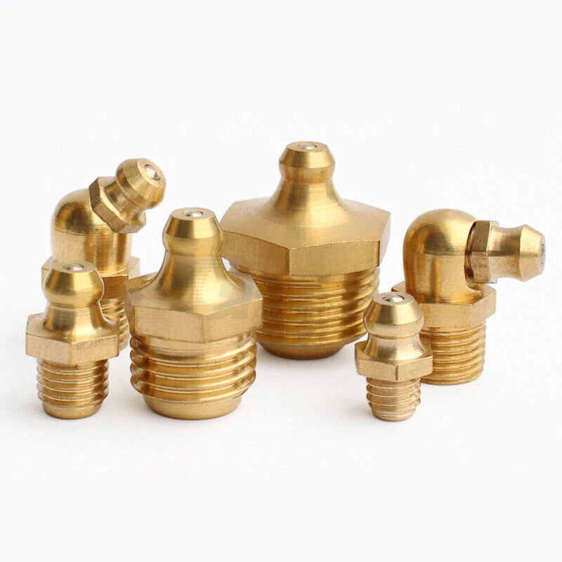 Brass Grease Fitting Nipples M6 M8 M10 M12 M14 M16 — Straight, 45°, 90° Entry