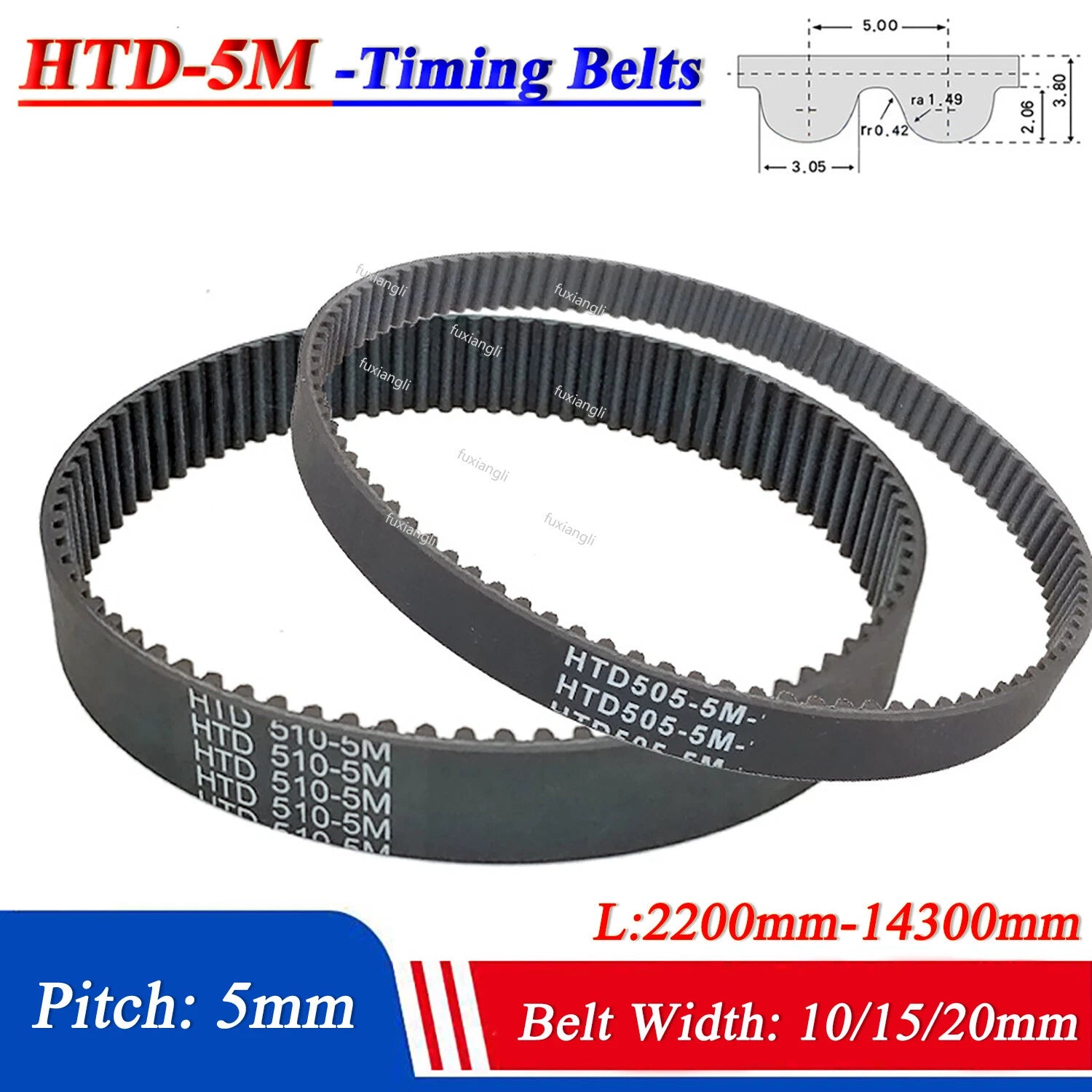 HTD 5M Closed Loop Rubber Timing Belt for CNC Machines — 10mm / 15mm / 20mm Wide
