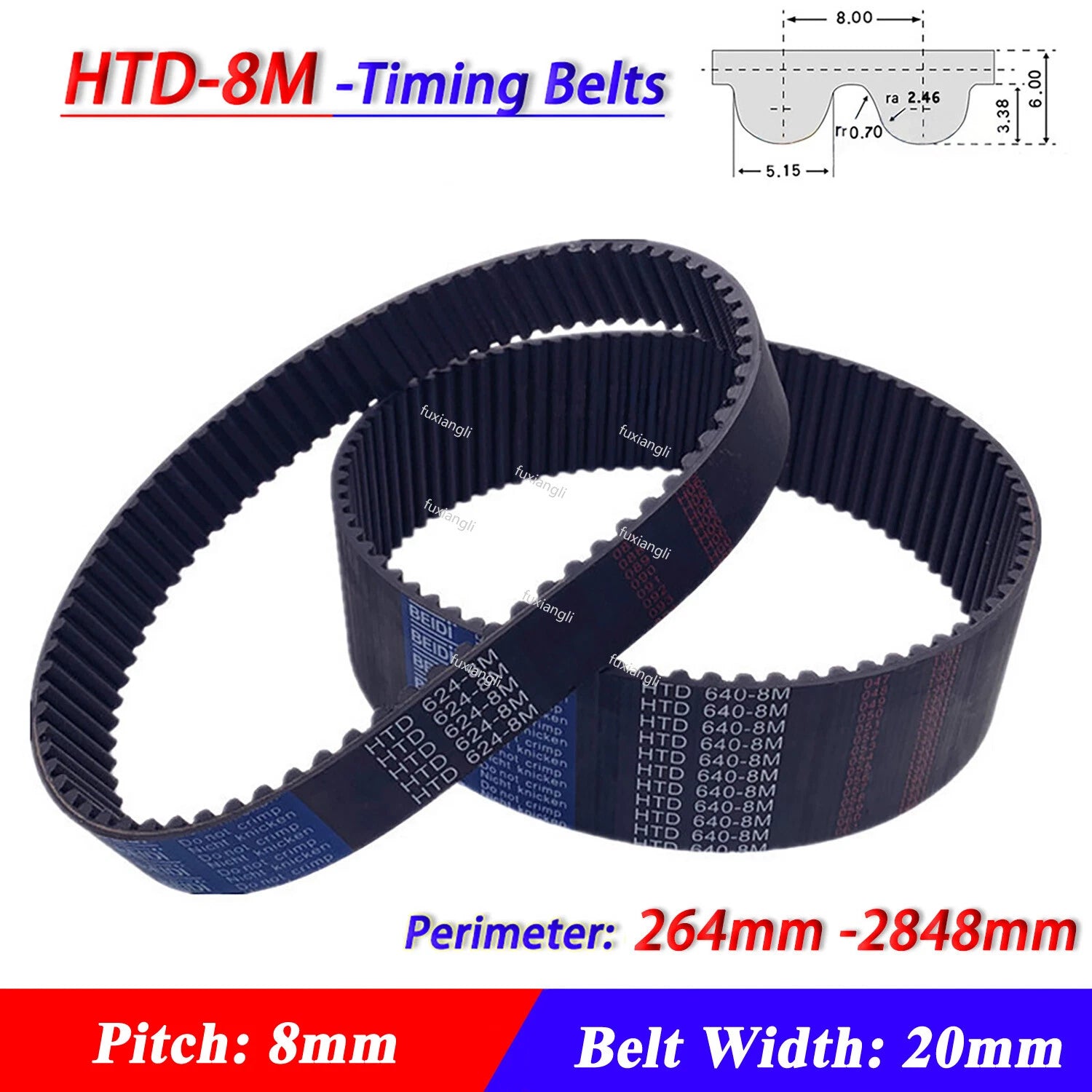 HTD 8M Timing Belt 20mm Wide – Closed Loop Rubber Drive Belt (264–2848mm)
