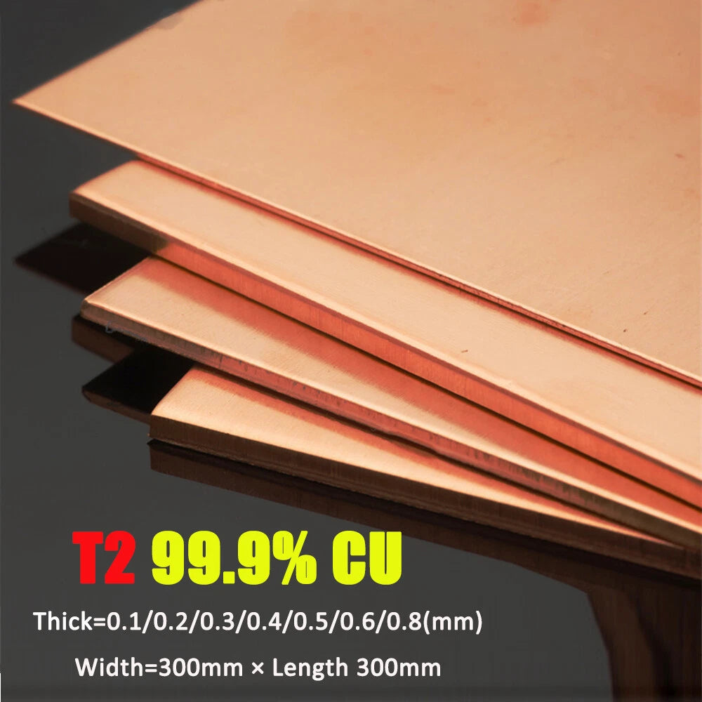 T2 Copper Flat Plate Sheet 99.9% CU Strip Metal Foil Sheet 0.1~0.8mm×300mm×300mm
