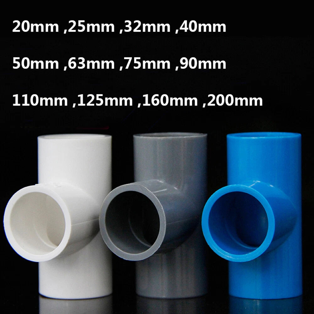 20mm to 200mm PVC Plastic Pipe Fittings Adhesive Tee T Connector White Blue Gray