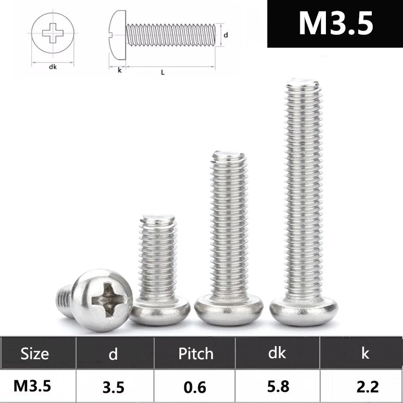 M3.5 Pozi Pan Head Machine Screws – A2 Stainless Steel (304), 10mm–100mm Lengths