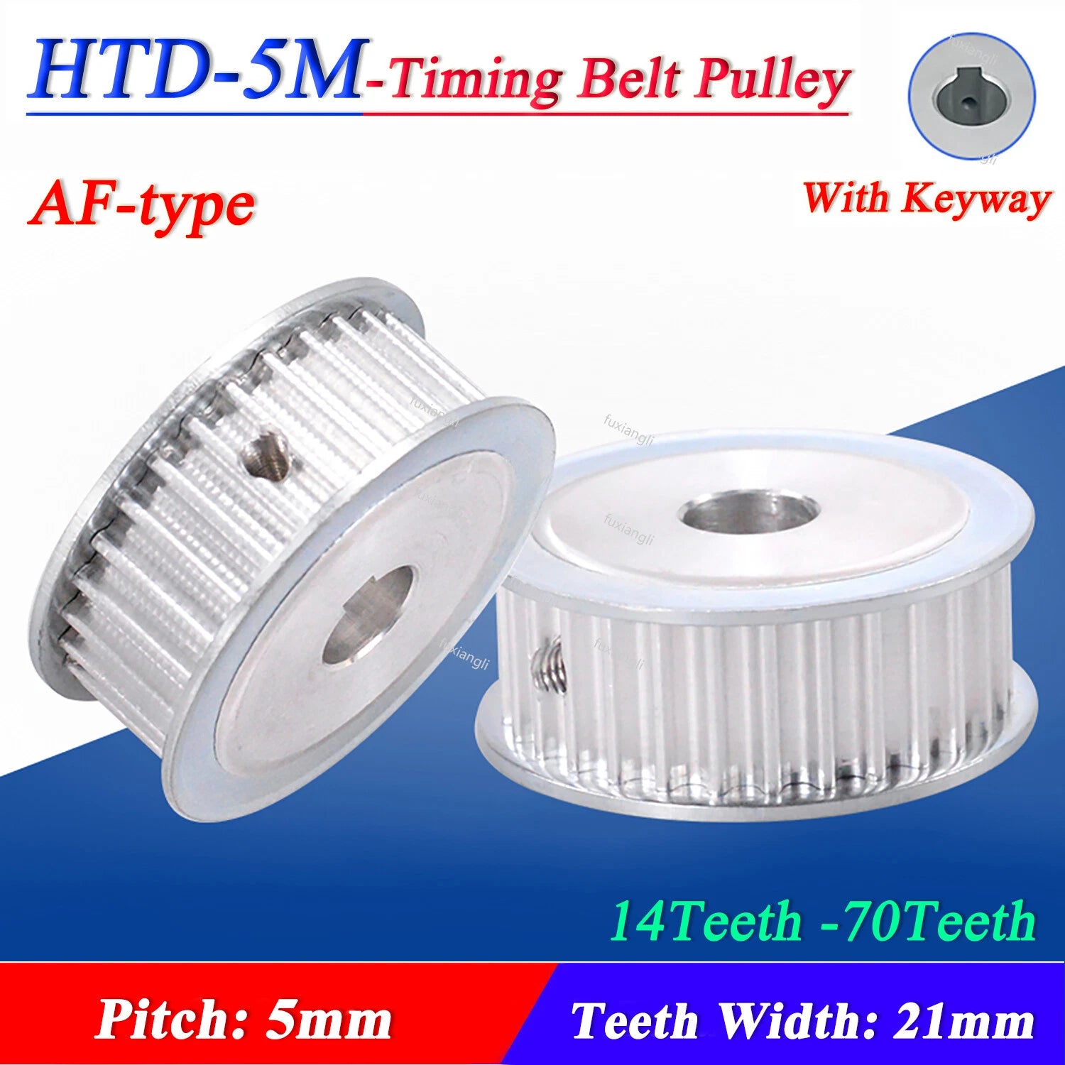 HTD-5M 14-70T Timing Belt Pulleys Pitch 5mm AF-type With Keyway Teeth Width 21mm