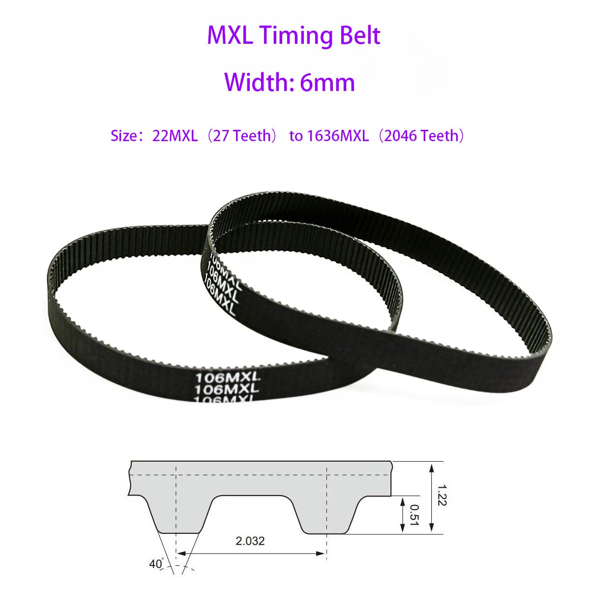 6mm Wide MXL Timing Belt – Pitch 2.032mm, 27 to 2046 Teeth for CNC & Stepper Motors