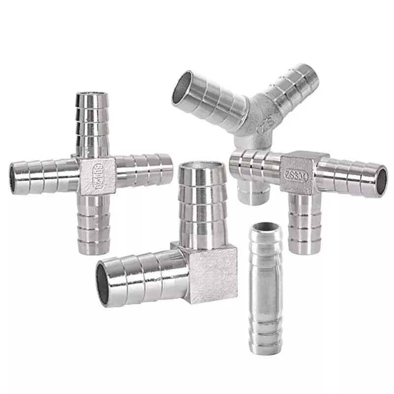 Stainless Steel Barbed Hose Fittings — Straight, L-Shape, T-Shape, Y-Shape & X-Shape Tubing Connectors