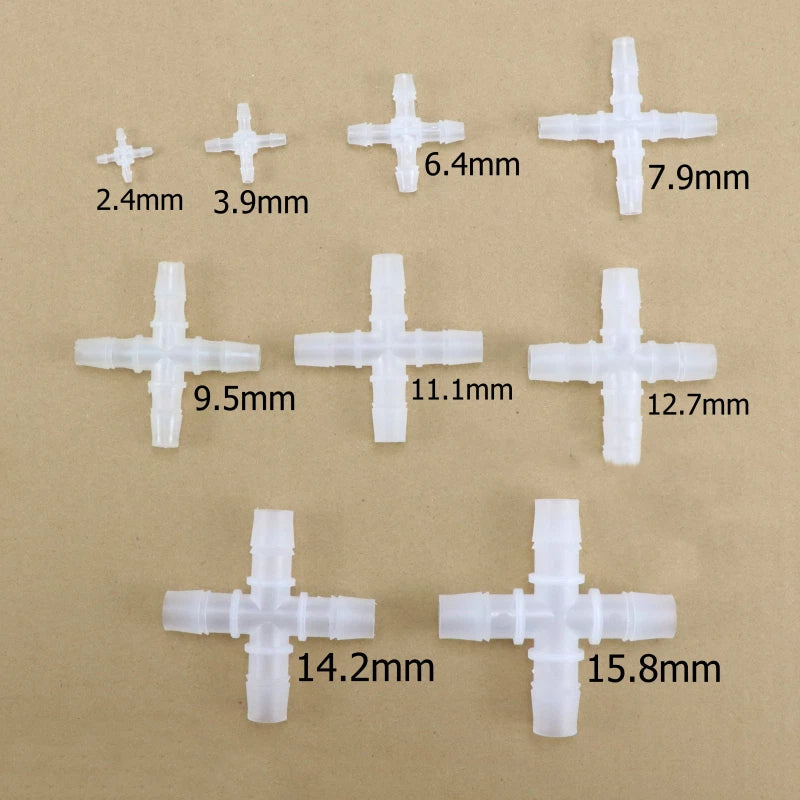 Cross 4-Way Barbed Plastic Hose Joiner Connector | 2.4mm–12.7mm