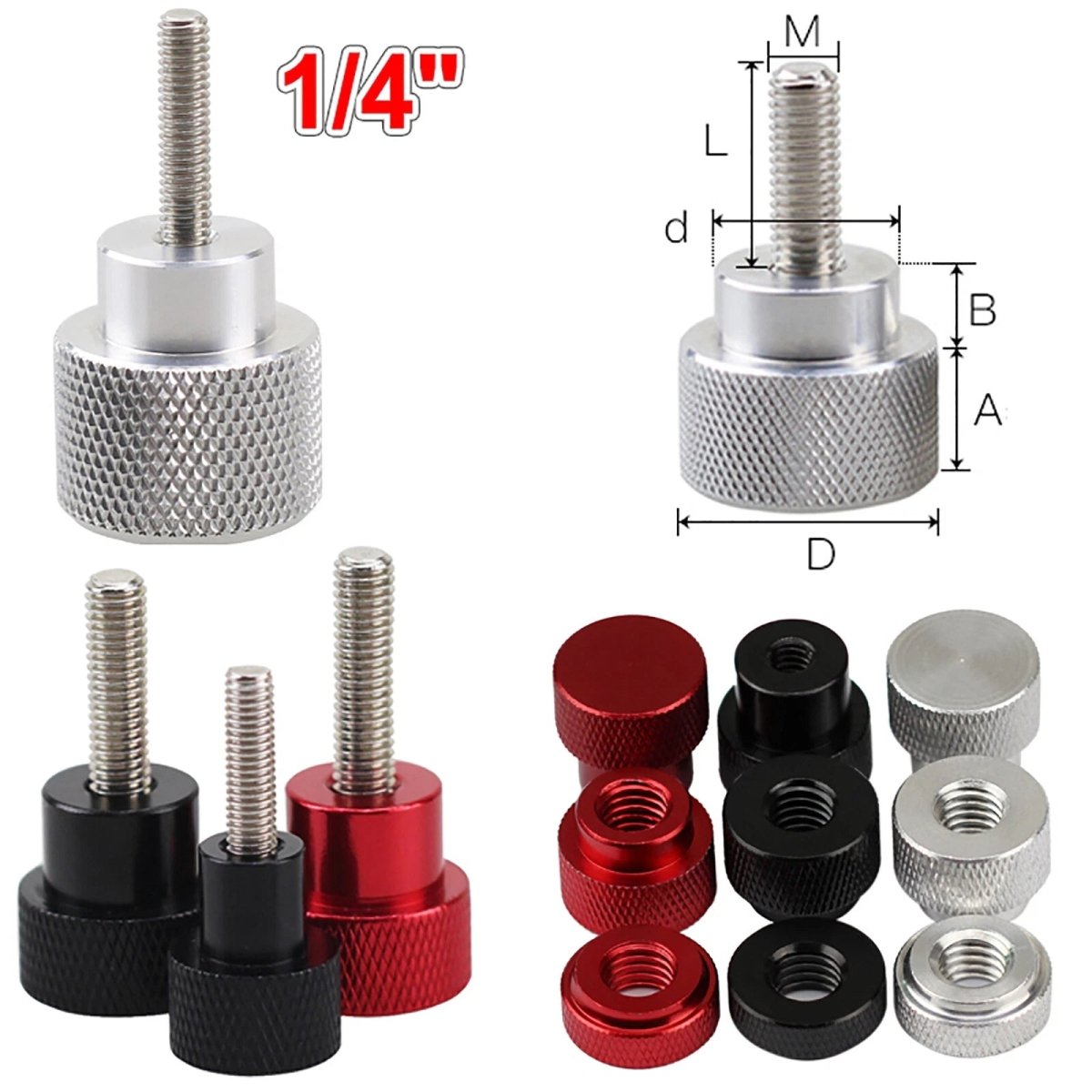 1/4" Knurled Thumb Screws & Thumb Nuts – Aluminum + Stainless, Red Black Silver, Camera & PC - HomeDIYer