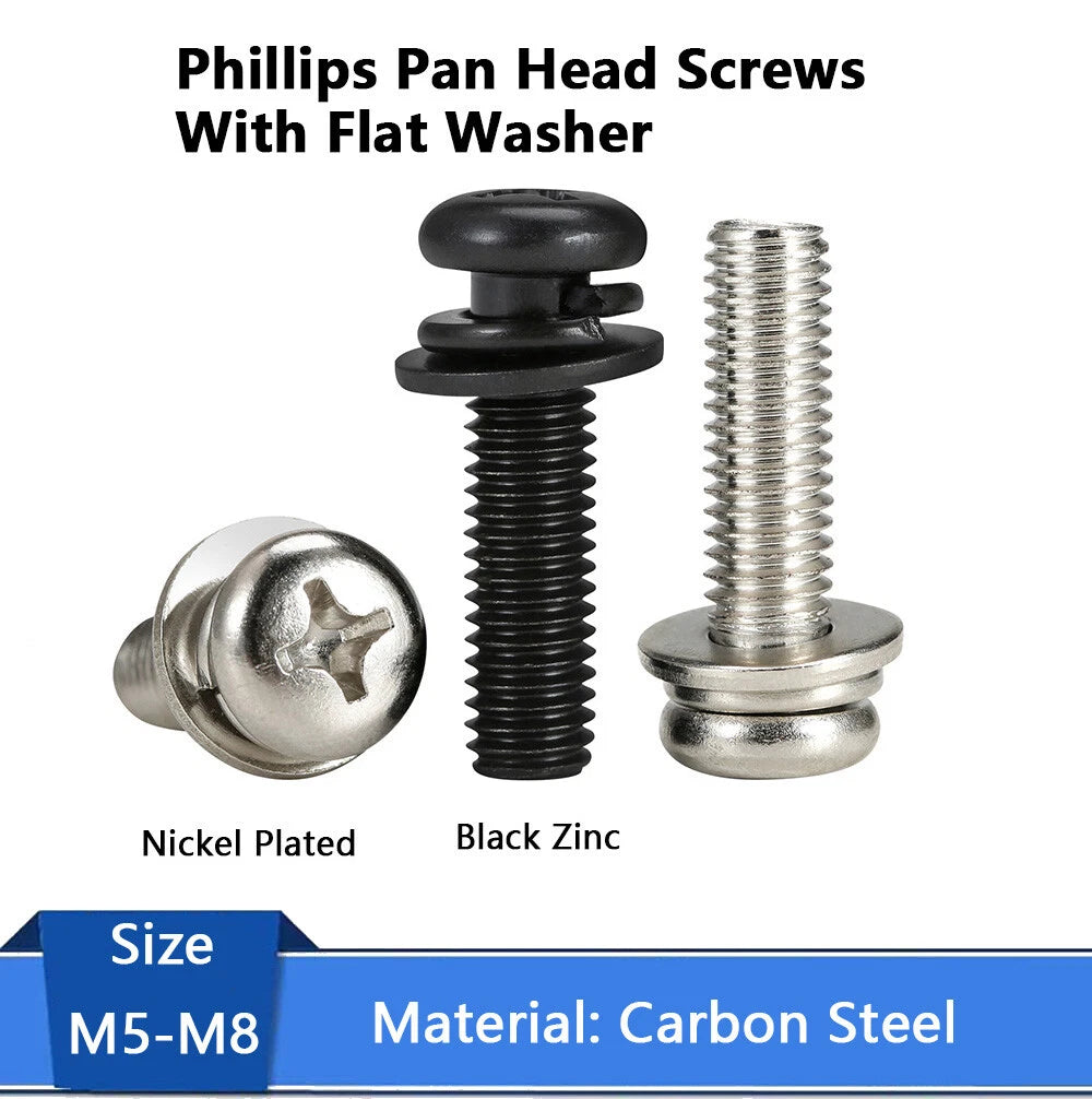 M5–M8 Phillips Pan Head Screws with Flat Washer – Nickel Plated or Black Zinc, Carbon Steel