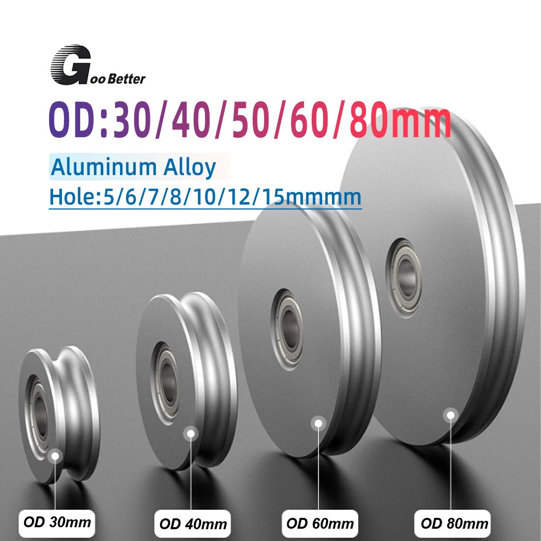 U-Groove Aluminum Pulley Wheel OD 30/40/50/60/80mm Bearing Pulleys Hole 5~15mm