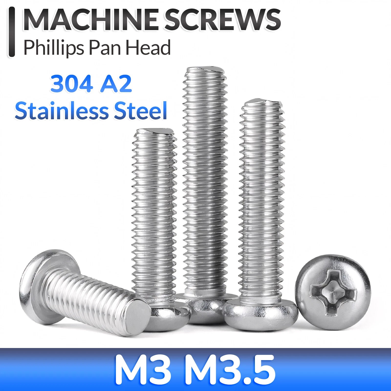 M3 M3.5 Phillips Pan Head Machine Screws – A2 Stainless Steel DIN 7985H (3–180mm Lengths)