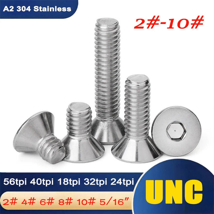 UNC Countersunk Socket Cap Screws A2 Stainless Steel — #2-56 to 5/16-18