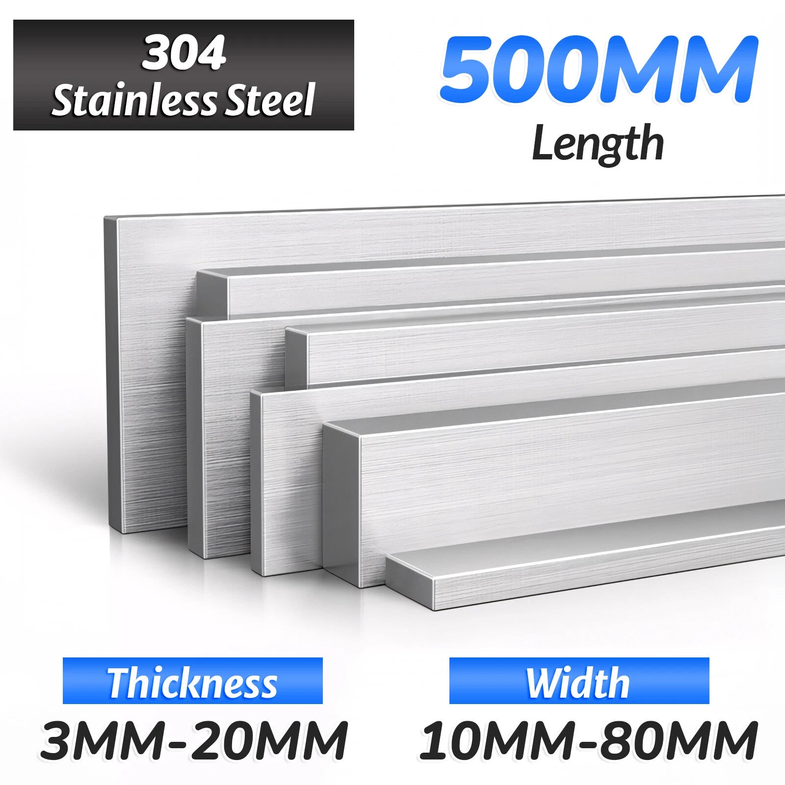 304 A2 Stainless Steel Flat Bar Metal Plate Strip Width 10MM-80MM Length 500MM