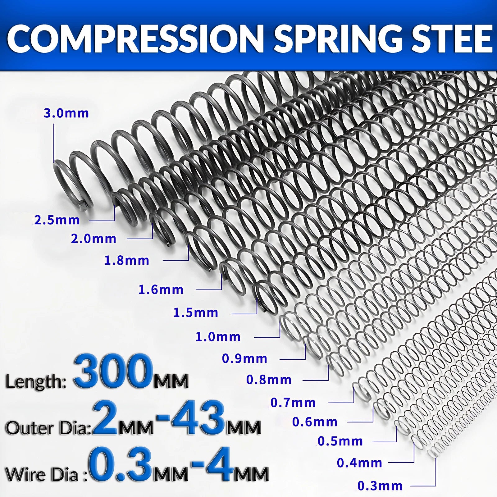 Compression Spring Steel 0.3mm - 4mm Wire Dia Pressure Coil Springs Length 300mm