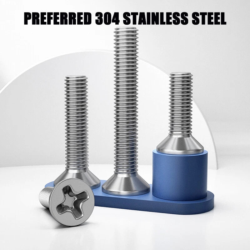 304 Stainless Steel Countersunk Phillips Machine Screws – M3.5 M4 M5 (6–200mm Length Under Head)