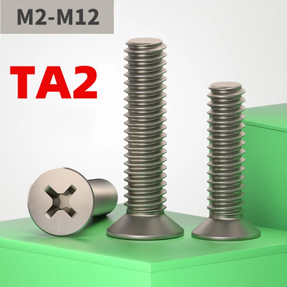 TA2/GR2 Pure Titanium Phillips Countersunk Machine Screws – DIN 965, M2 to M10, Fully Threaded