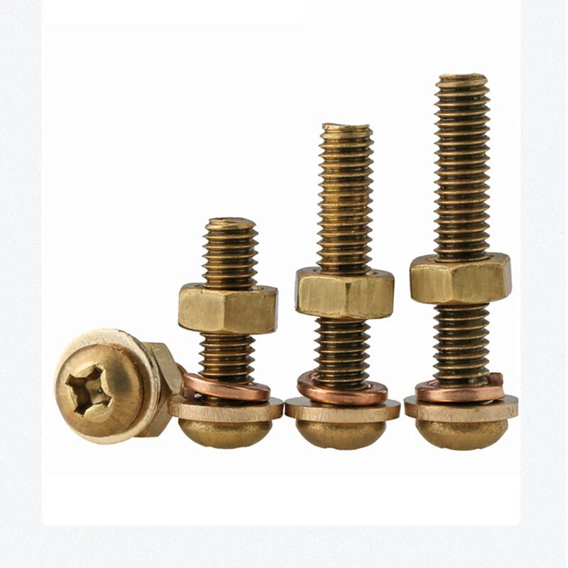 M3 M4 M5 Brass Phillips Pan Head Screws with Washer & Hex Nut – Fully Threaded, Grade 5
