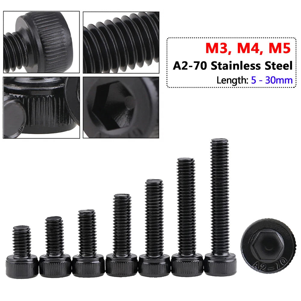 M3 M4 M5 Black Hex Socket Cap Head Screws – A2 Stainless Steel, Allen Drive, Electrophoresis Black