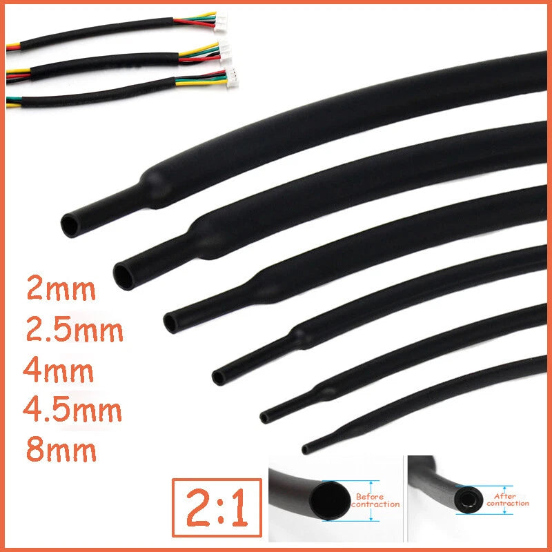 Heat Shrink Tubing 2:1 Ratio — Black Electrical Cable Sleeving, 2mm–8mm Diameter