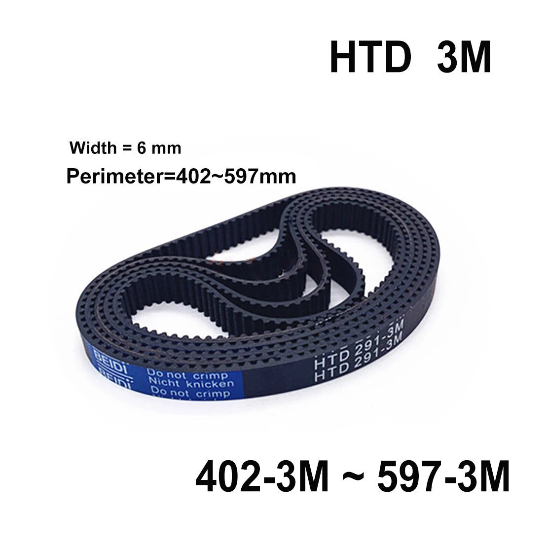 HTD 3M Timing Belt 6mm Wide, Closed Loop Synchronous Belt, L=402–597mm, Black Rubber
