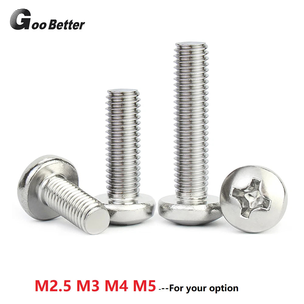 M4 M5 Phillips Pan Head Machine Screws – 304 Stainless Steel, Fully Threaded, Silver