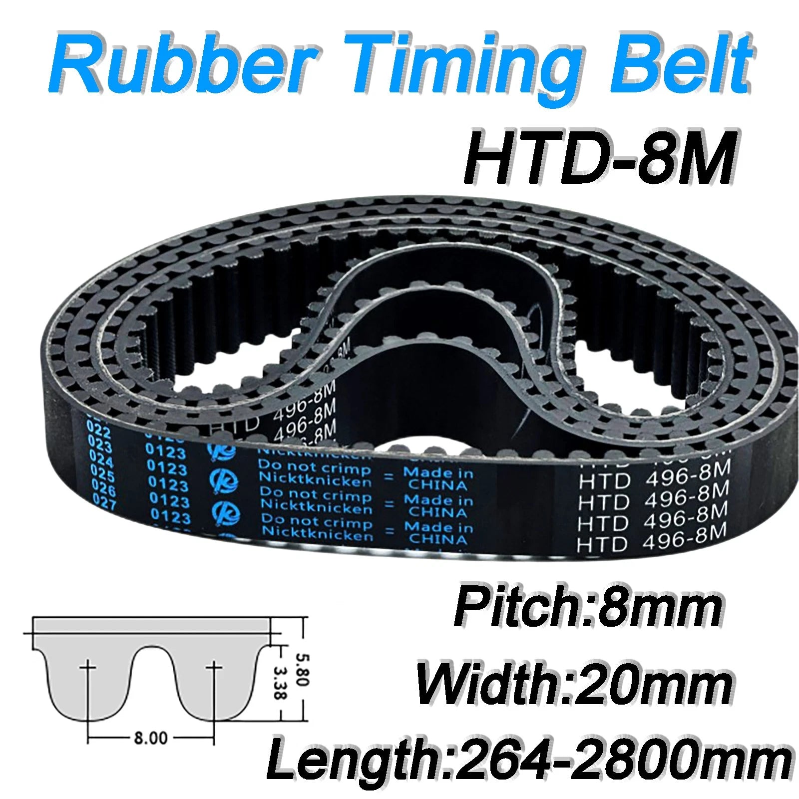 HTD 8M Timing Belt 20mm Wide — 264mm to 2800mm for CNC & Stepper Motor Drives