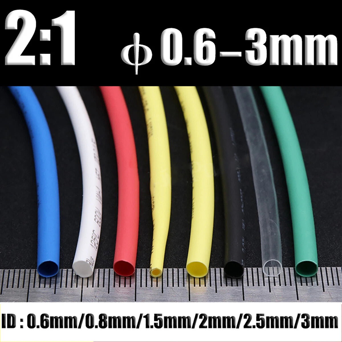 Polyolefin 2:1 Heat Shrink Tubing — φ0.6mm to φ3mm, Multiple Colors & Lengths