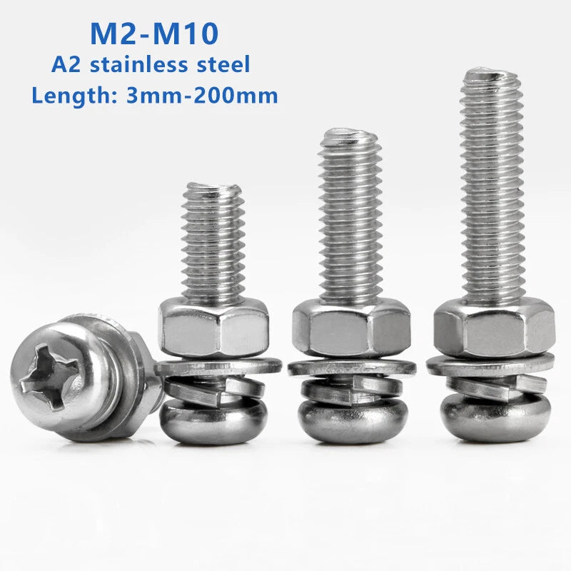 M2–M10 Phillips Pan Head Machine Screws with Nuts and Washers — A2 Stainless Steel