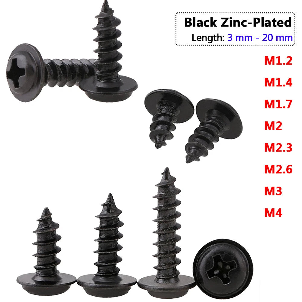Phillips Flange Pan Head Self‑Tapping Screws – M1.2–M4, Black Zinc Plated Steel