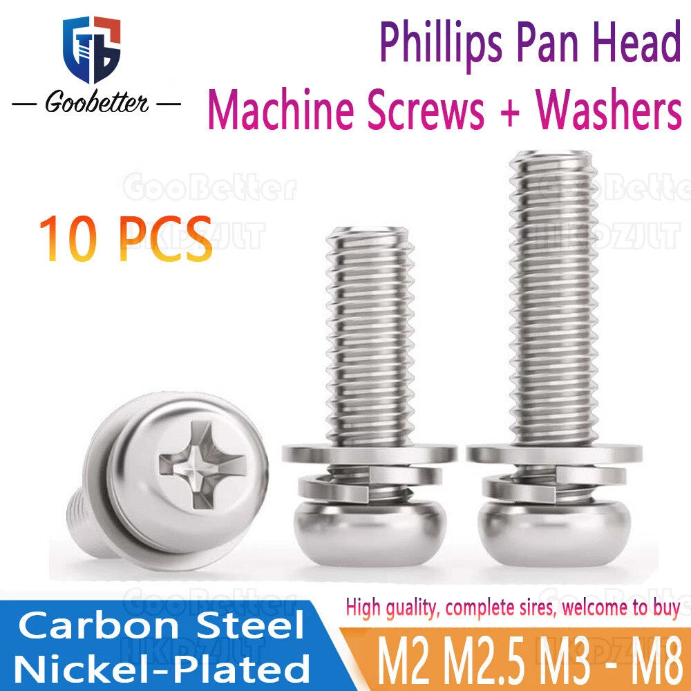 Phillips Pan Head Machine Screws with Washers – M2 to M8 Carbon Steel