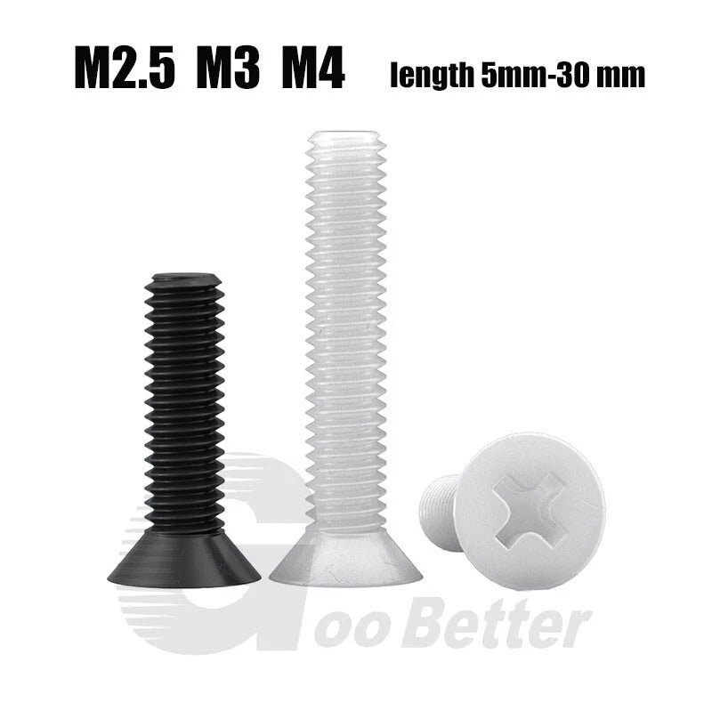 Nylon Phillips Countersunk Machine Screws — M2.5, M3, M4, White or Black, Non - Conductive Flat Head - HomeDIYer