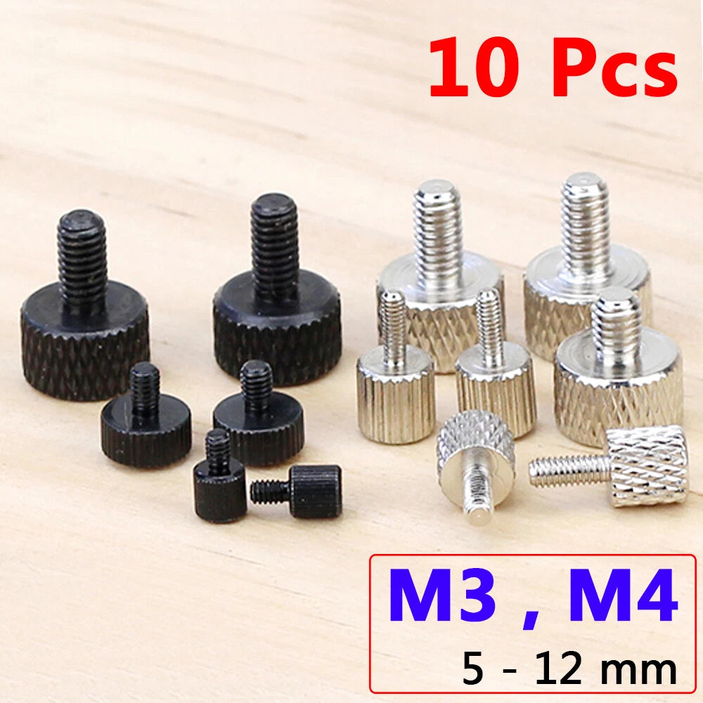 10PCS M3 M4 X 5-12MM KNURLED THUMB SCREWS THIN TYPE SILVER BLACK HAND KNOB BOLTS