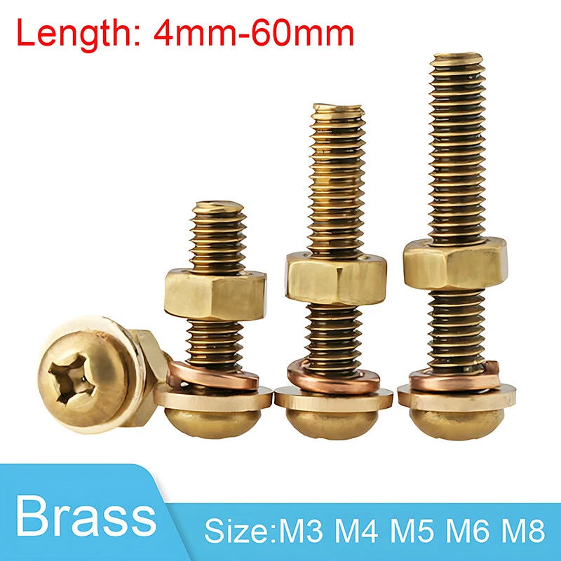 Brass Phillips Pan Head Machine Screws with Hex Nuts & Washers — M3 M4 M5 M6 M8