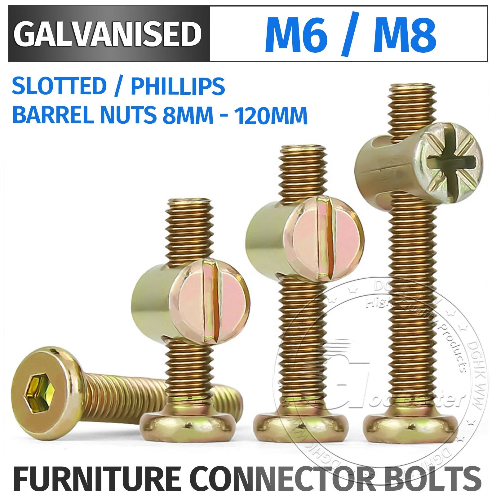 M6 M8 Galvanised Furniture Connecting Bolts with Barrel Nuts | Slotted & Phillips | 8mm–120mm