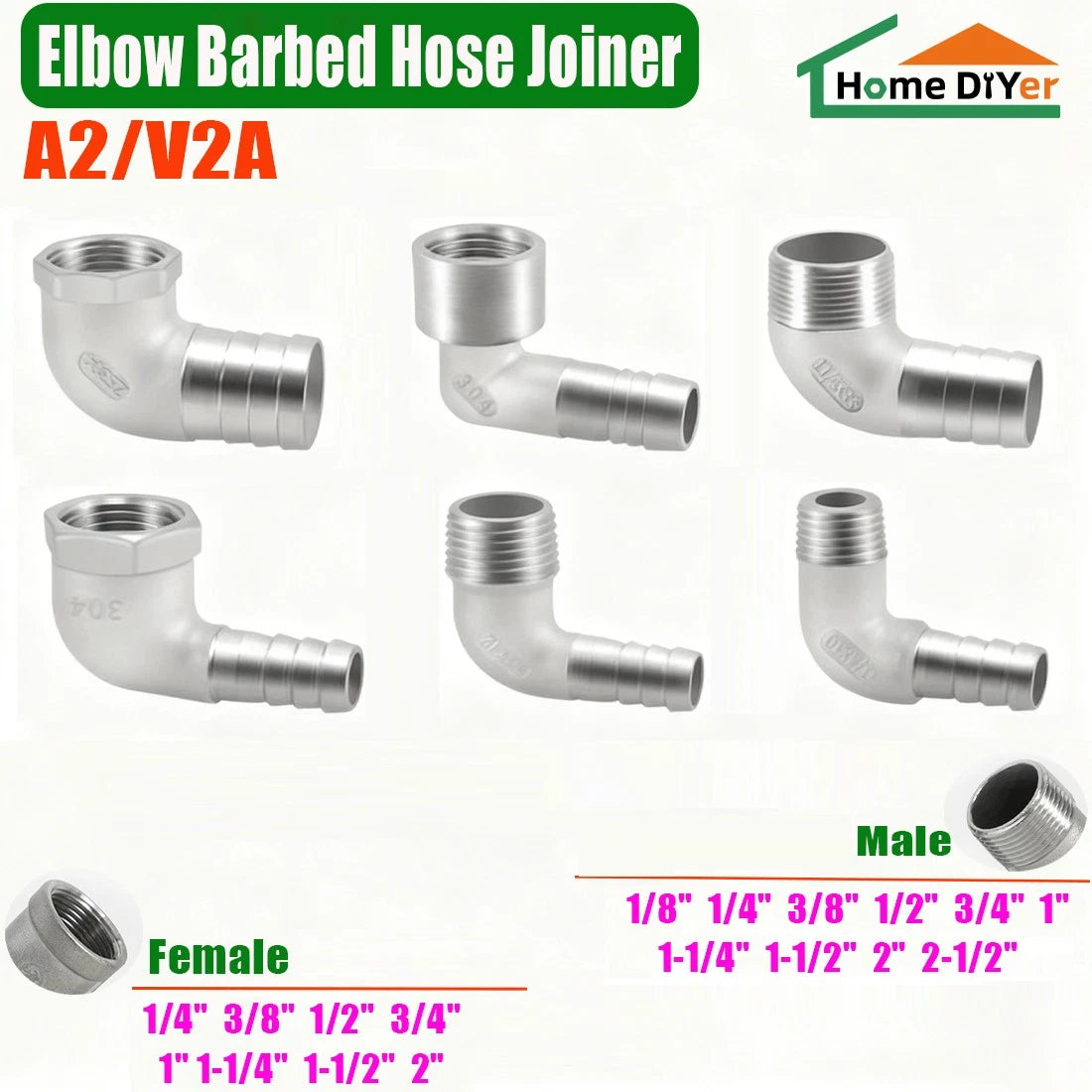 BSP Male Elbow Barbed Hose Connector — Stainless Steel, 1/8" to 1/2", 6–16mm