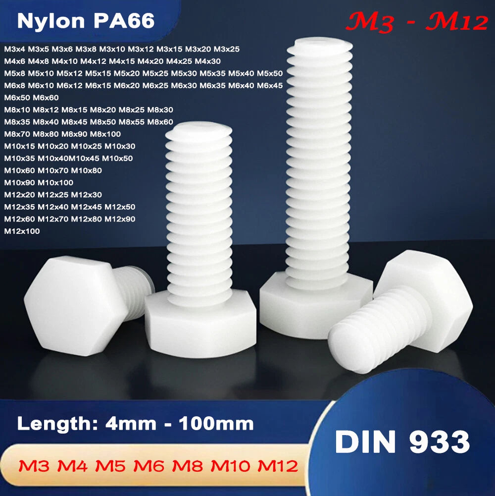 M3–M12 White Nylon Hex Bolts | Plastic Hexagon Head Machine Screws DIN 933