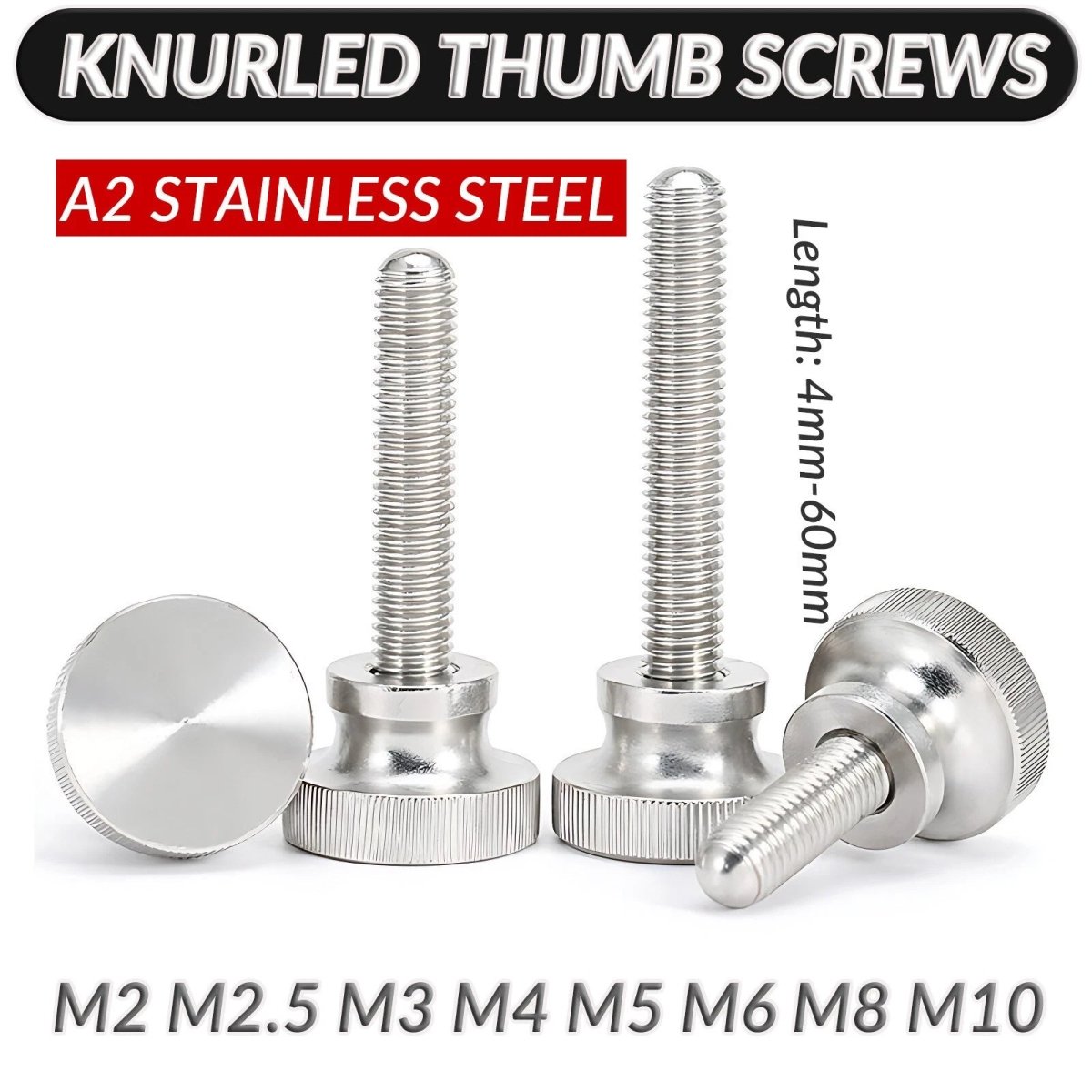 A2 Stainless Steel Knurled Thumb Screws – M2 to M10, Hand Turn Knob Bolts, 4 - 60mm Lengths - HomeDIYer