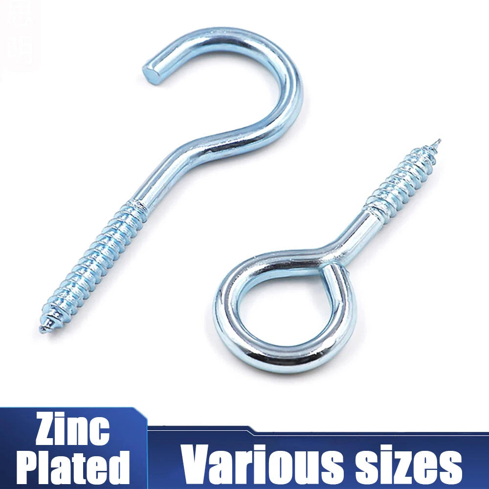 Zinc Plated Screw Eye Hooks & Screw-In Hooks — Heavy Duty, Sizes #0–#16