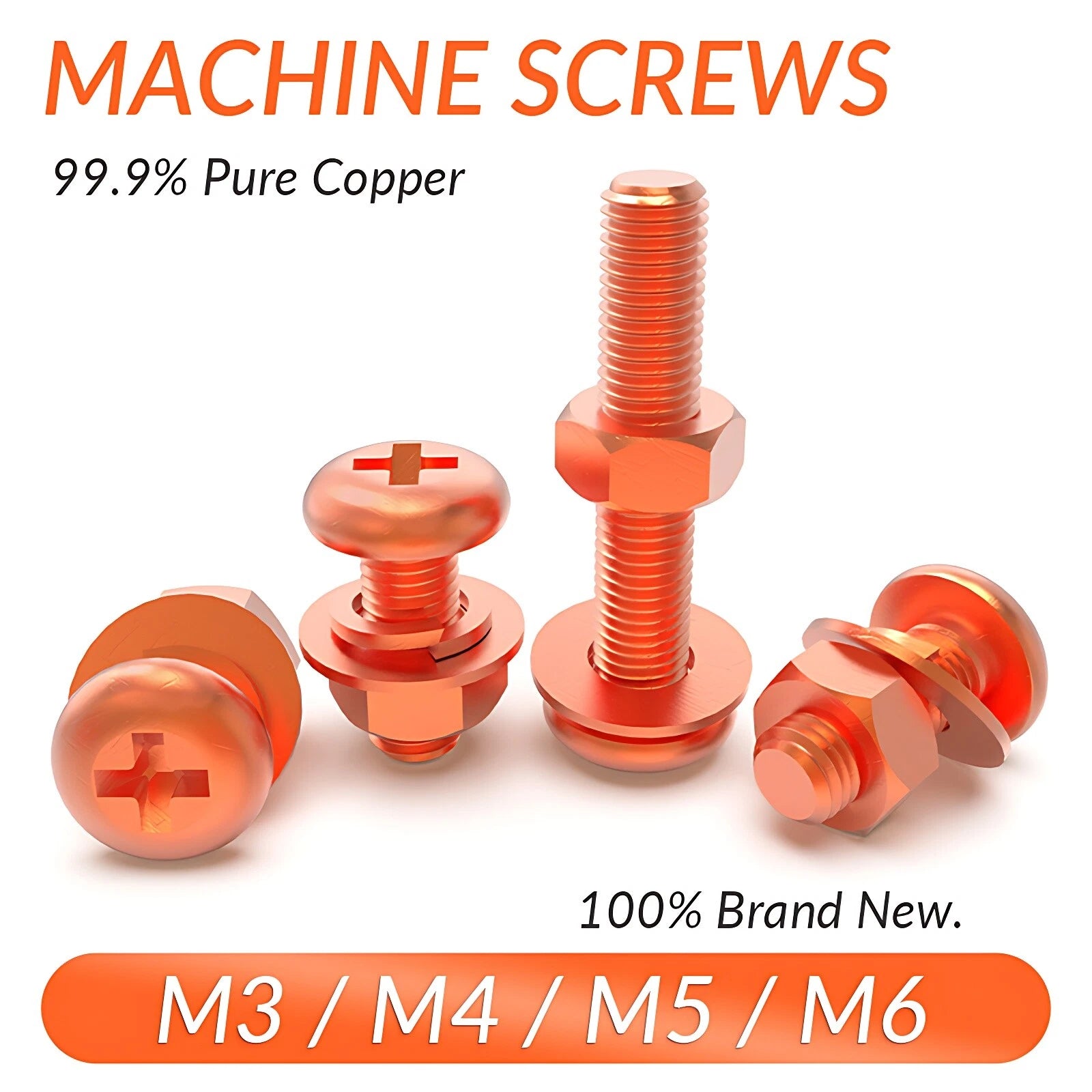 Pure Copper Phillips Pan Head Machine Screws – M3 M4 M5 M6, T2 Copper, Metric Coarse Thread