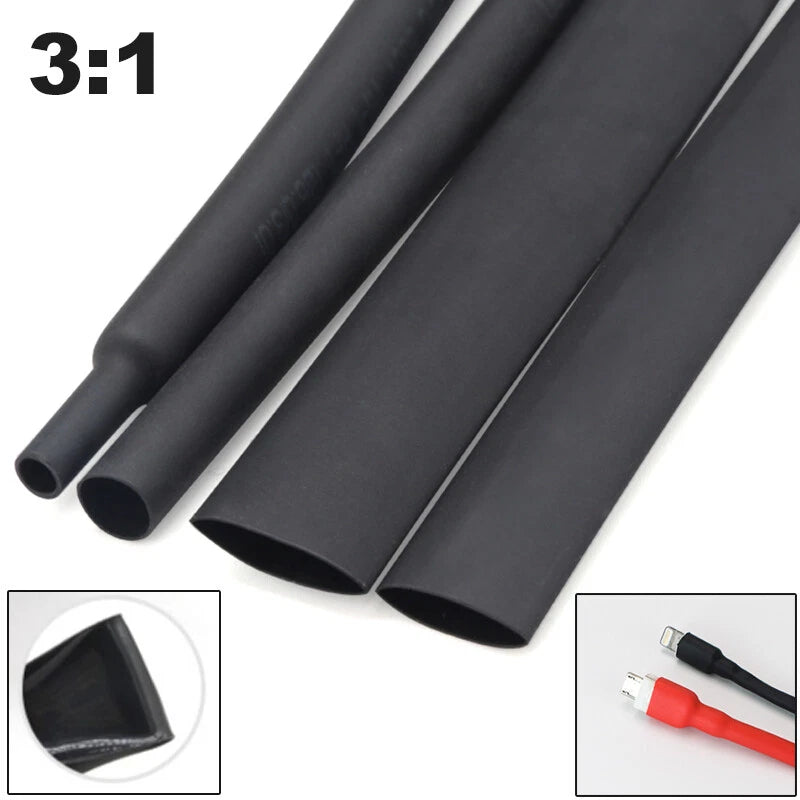 Black Adhesive Heat Shrink Tubing 3:1 Ratio — φ1.6mm to φ65mm, 1M / 5M / 10M