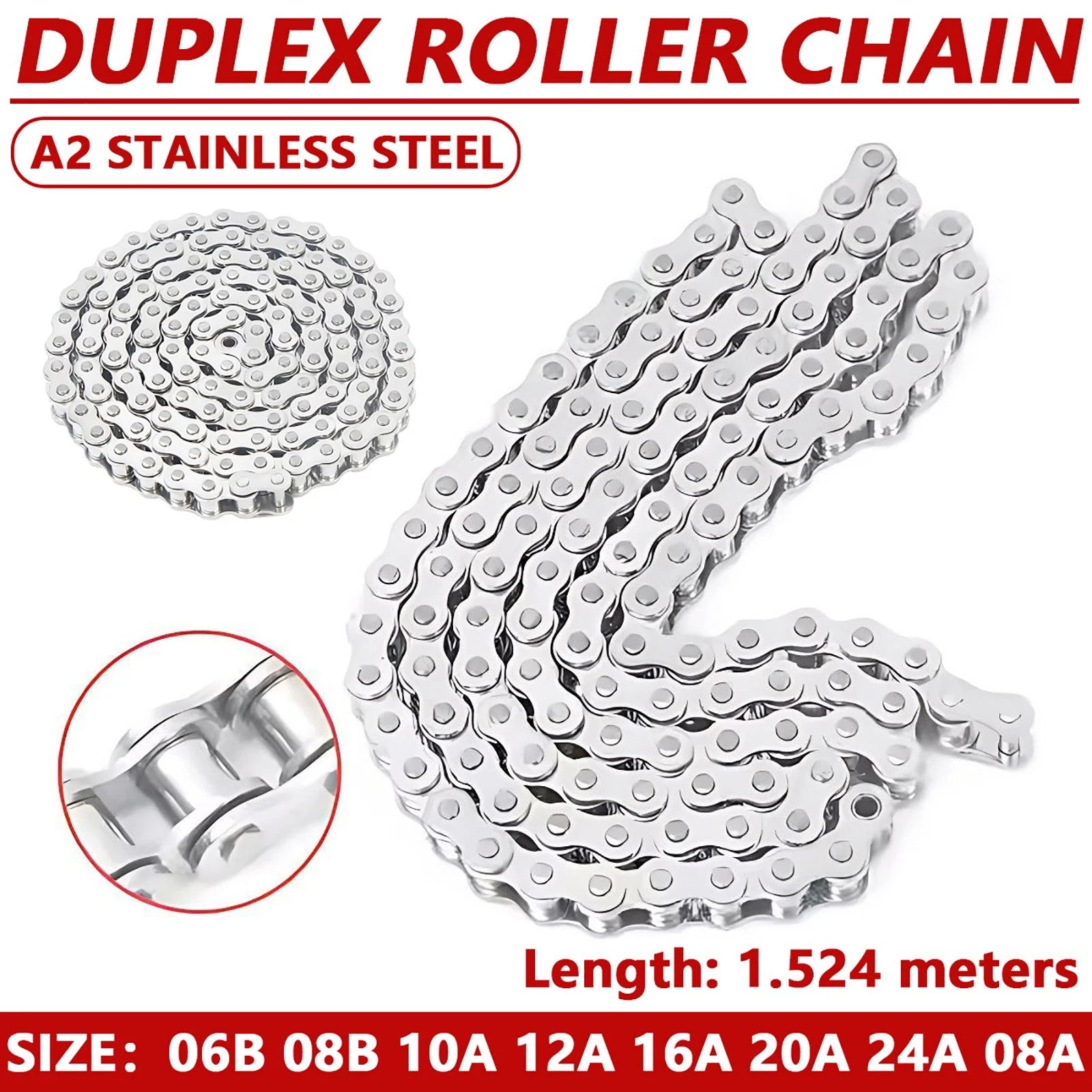 DUPLEX ROLLER CHAIN 06/08B 08A-24A X 1.524 METRE LENGTHS A2/304 STAINLESS STEEL