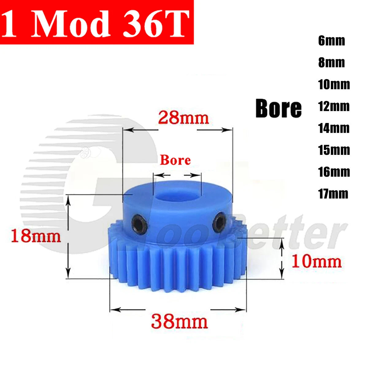 1 Mod 36 Teeth Blue Nylon Spur Gear Bore 6mm-17mm Pinion Plastic Gear with Step